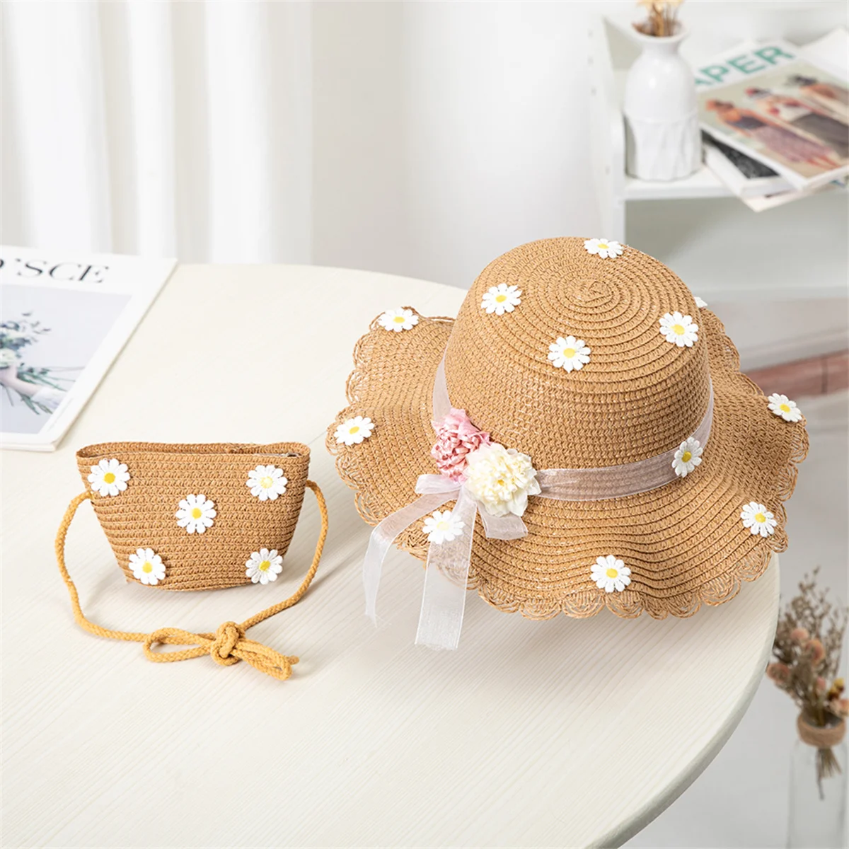 Kids Sun Hat Girls Summer New Straw Bag Cap Set Baby Travel Sun Protection Beach Hats Sun Fisherman Hat