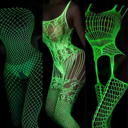 Multi-style Glow In The Dark Open Crotch Mesh Tights Hollow Out Net Clothing Sexy Lingerie Women Full Body Luminous Stockings