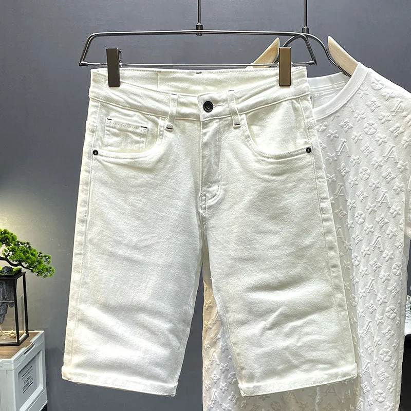 White Casual Denim Shorts Men's Slim Straight2024Summer Thin Fashion Brand Soft All-Match Stretch High-End Cropped Pants