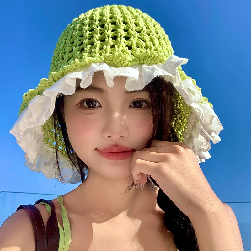 Hot sale Women's Summer Lightweight Openwork Knit Fisherman Hat Breathable Face-Slimming Lace Trim Oversized Bucket Hat