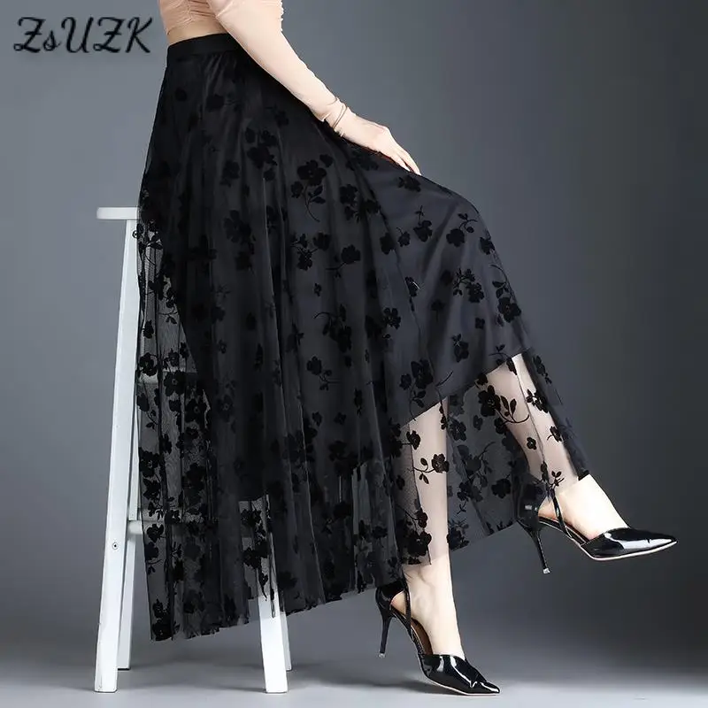 Women Floced Print Mesh Pleated Skirt  Spring Summer New High-Waisted  Vertical A-line Long Skirt Slim Large Skirt 3 Colors