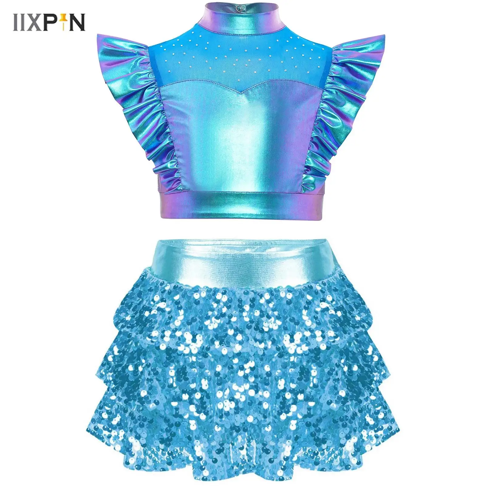 

Kids Girls Jazz Dance Outfit Shiny Rhinestones Metallic Sleeveless Crop Top+Sequins Tiered Ruffled Culottes Skirt for Hip-Hop