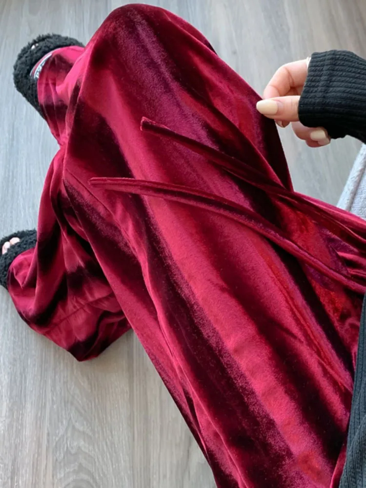 

Women Gold Velvet Pants Western Style Wide Leg Pant Autumn Lady Long Pleated Trousers High Waist Pants