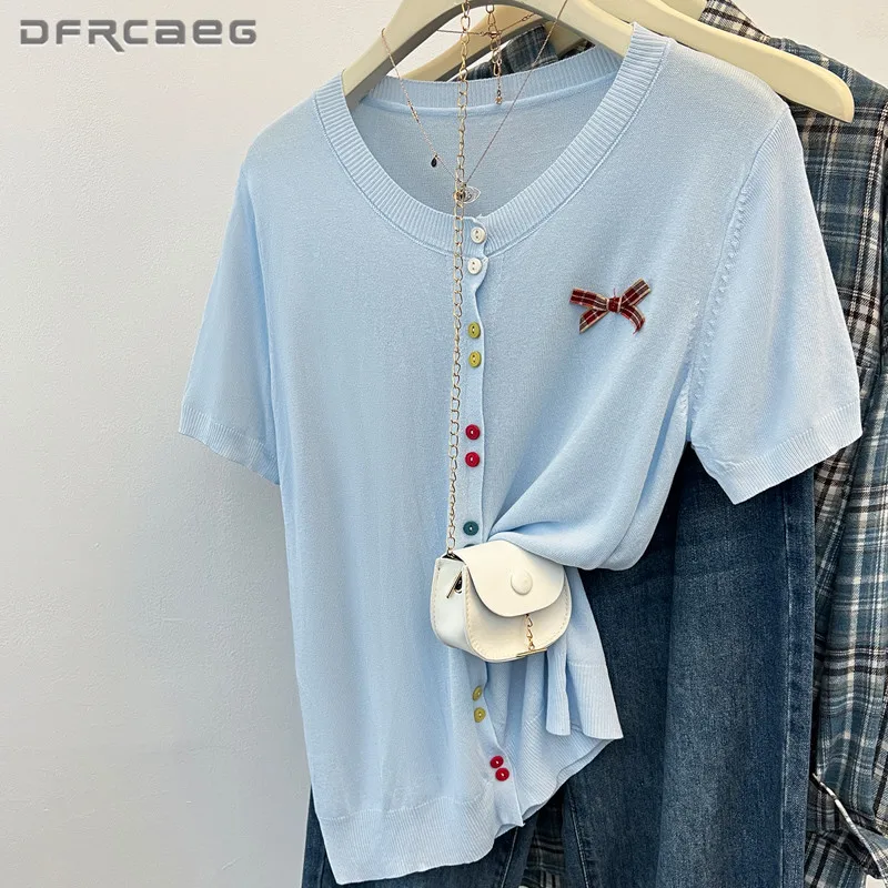 

Summer Thin Colorful Single Breasted Knitted Cardigan T-Shirt With Bow Loose Casual Short Sleeve High-Stretch Ladies Tops