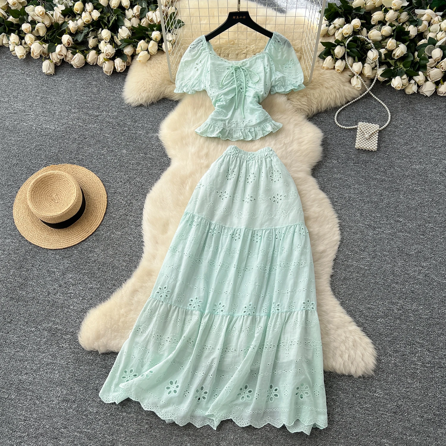 Elegant puff sleeve butterfly  Beach Vacation Vestidos dress Slim Women Evening Party Summer Clothing Two Piece Set