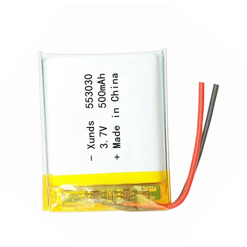 แบตเตอรี่ลิเธียมลิเธียมลิเธียมลิเธียมลิเธียมลิเธียม553030ลิเธียมแบบชาร์จไฟได้สำหรับจีพีเอส MP3 MP4ของเล่น DVD ไฟ LED หูฟังบลูทูธแบบครอบหัว3.7V 500mAh