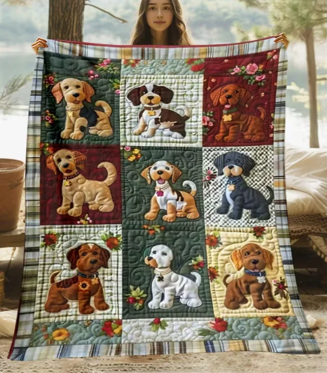 Dog Patchwork Blanket  High-Definition Printed Throw, Soft & Warm Flannel, Polyester Material, Digital Print, All-Season Use