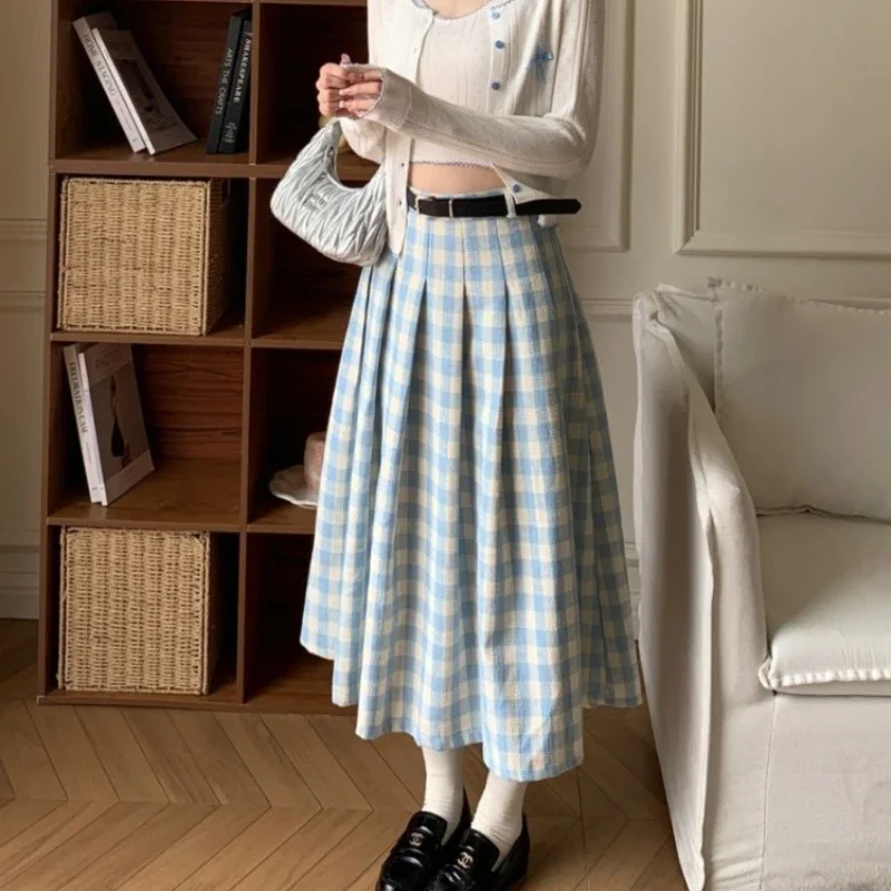 HOUZHOU Preppy Style Plaid Skirts Women Sweet Elegant Vintage Pleated Long Skirt High Waist Autumn Winter Retro A-line Skirts