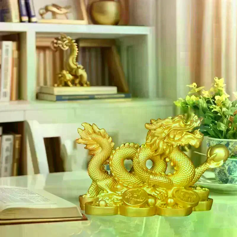 Adorno de Dragón Dorado de Resina Auspicioso para Sala de Estar, Oficina, Vinoteca, Decoración Artesanal de Feng Shui