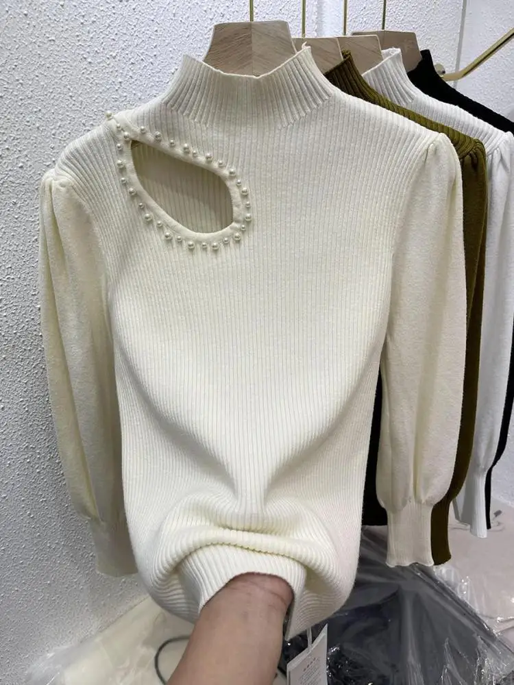 2024 Hollow-out Beading Turtleneck Slim Jumper Soft Warm Pull Femme Autumn Winter Sweater Women Knitted Ribbed Pullover