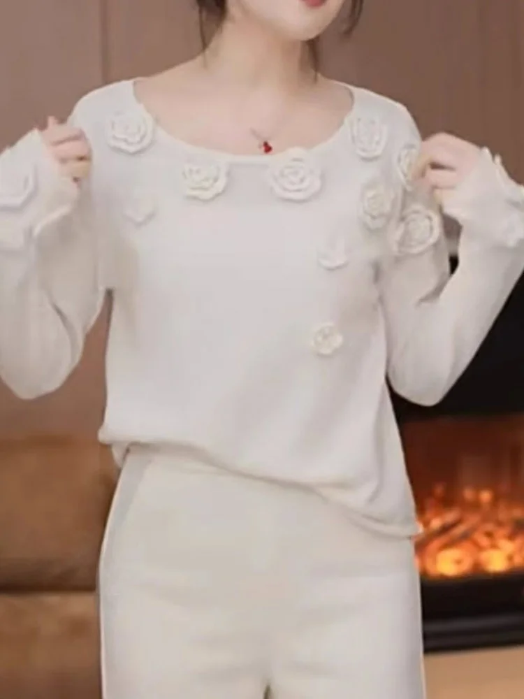 

Slimming Long Sve Knitted Sweater Ne Design 3D Flower Pattern Color Casual Korean Sle Pure Color Top Versatile