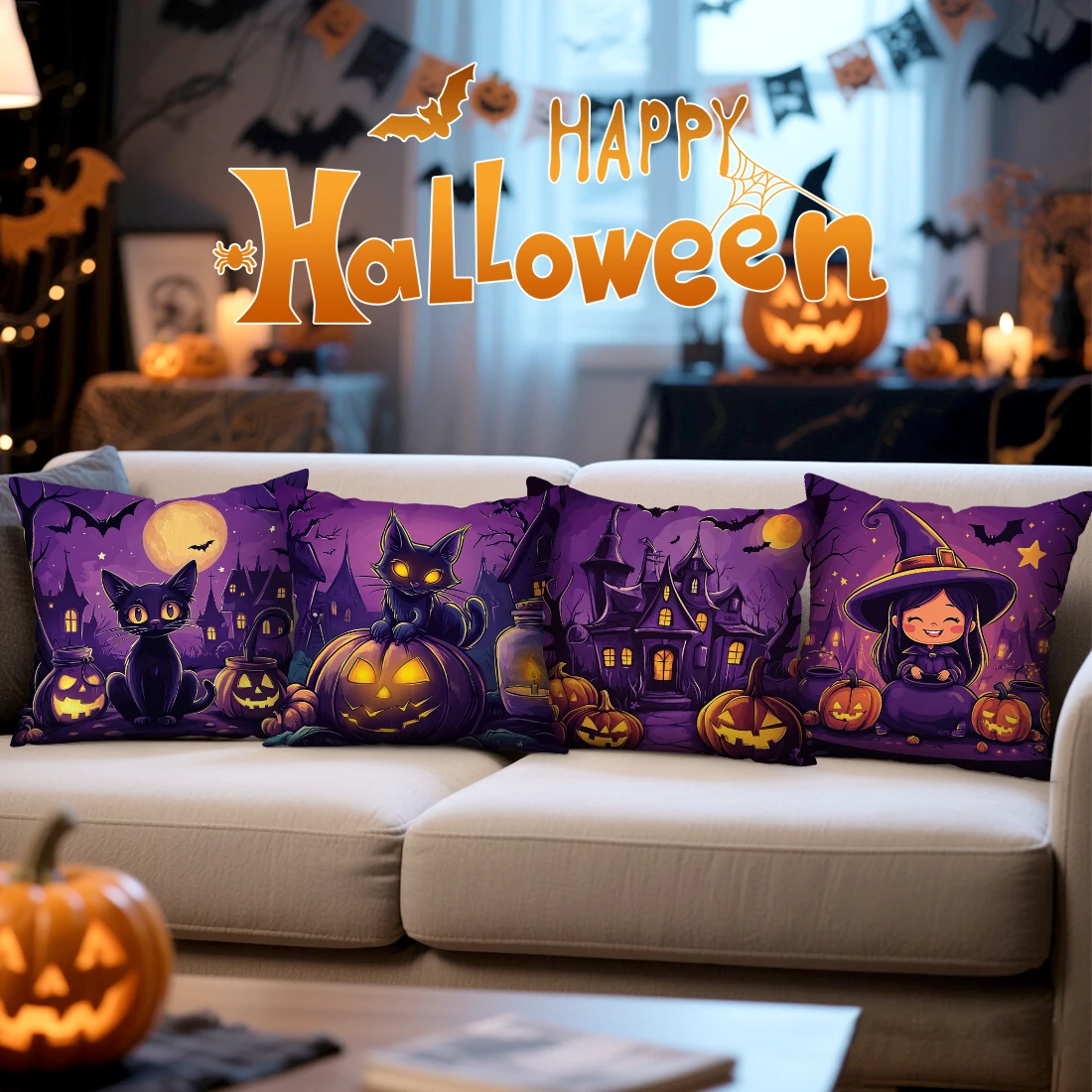 Halloween Theme Cushion Pillowcase Printed Polyester 45x45cm Throw Pillowcover Decorative Sofa Cushion Pillowslip Home Decor