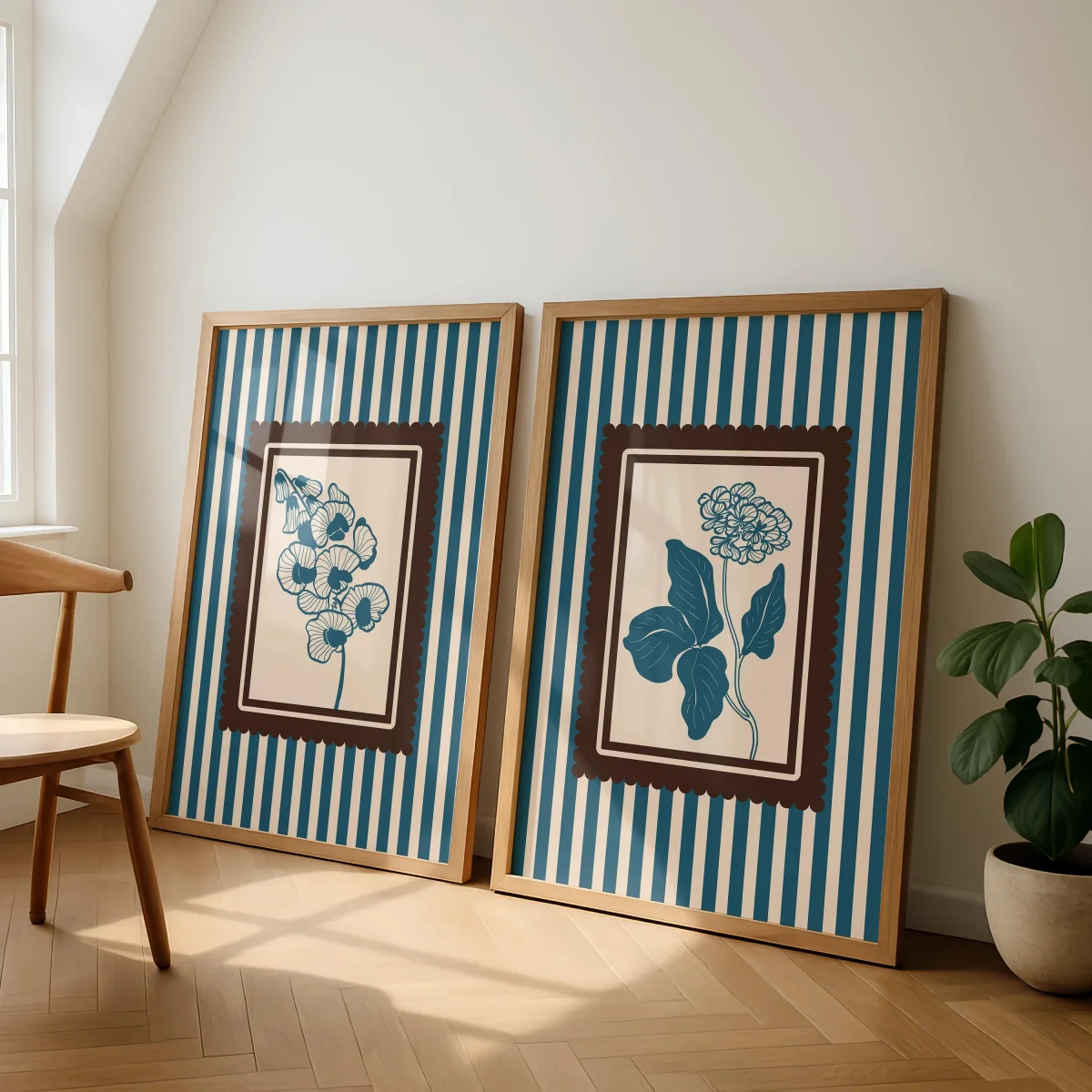 2pcs/set Bohemian Striped Floral Canvas Print Poster Vintage Cottagecore Botanical Art Prints Living Room Wall Art Home Decor