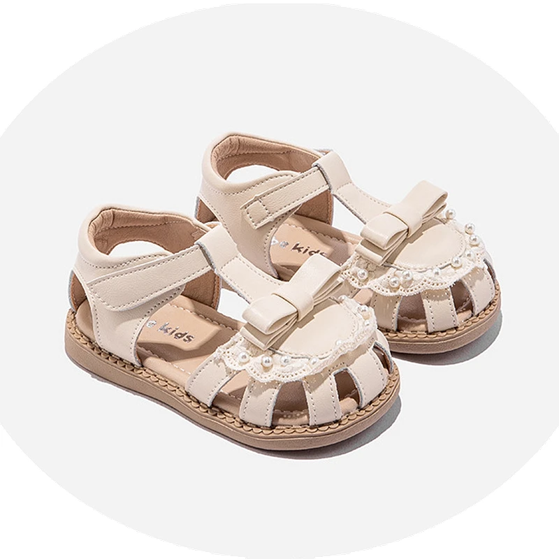 

Brand Baby Girls Sandals With Cute Bowtie-knot Closed Toe Strap Toddler Women Summer Shoes Lace Ruffles Infant Hollow Walkers