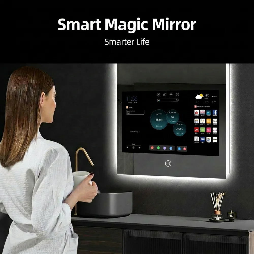 Smart Mirror2026 Smart Magic Mirror Touch Screen LED Light Strip Salon Smart Home Control Custom Frame Bathroom TV