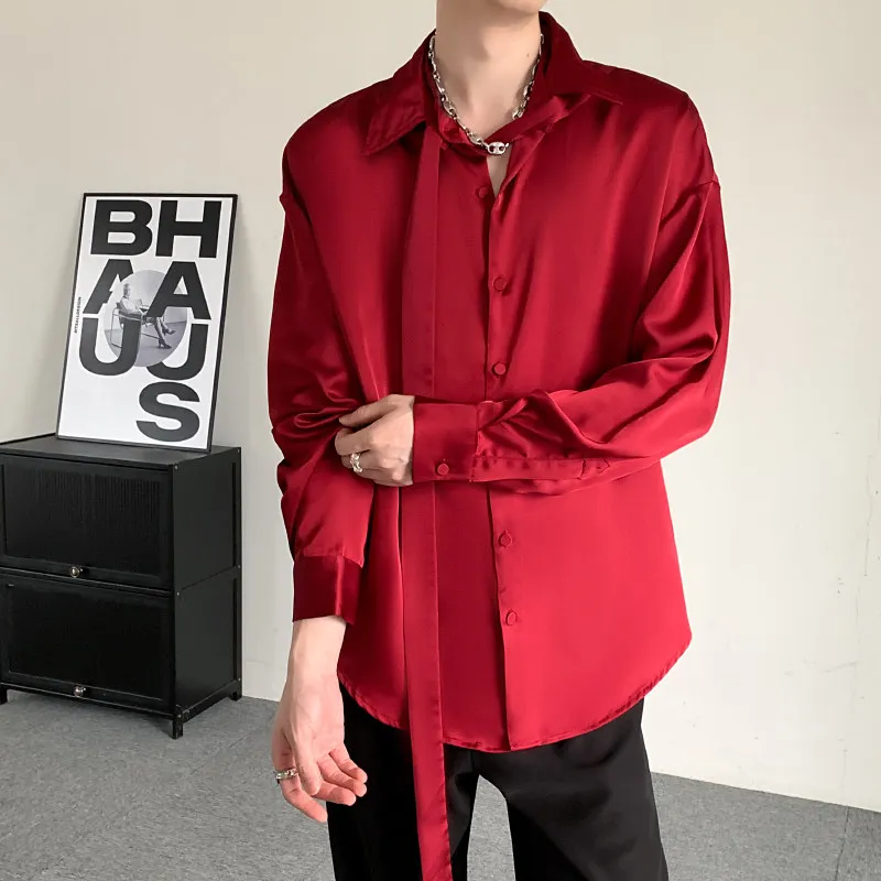

Men's Long Sleeve Satin Drape Tie Shirt Loose Fit Polyester Casual Large Size Vinegar Acetate Shirt Trendy Red Everyday Wear