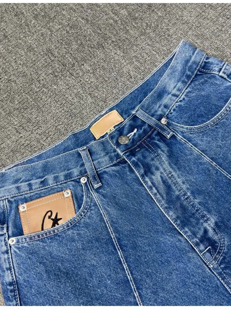 HOUZHOU Vintage Stern bestickte Jorts Y2k Hip-Hop übergroße Nähte gewaschen Street Trend Retro Mode kurze Jeans High Street