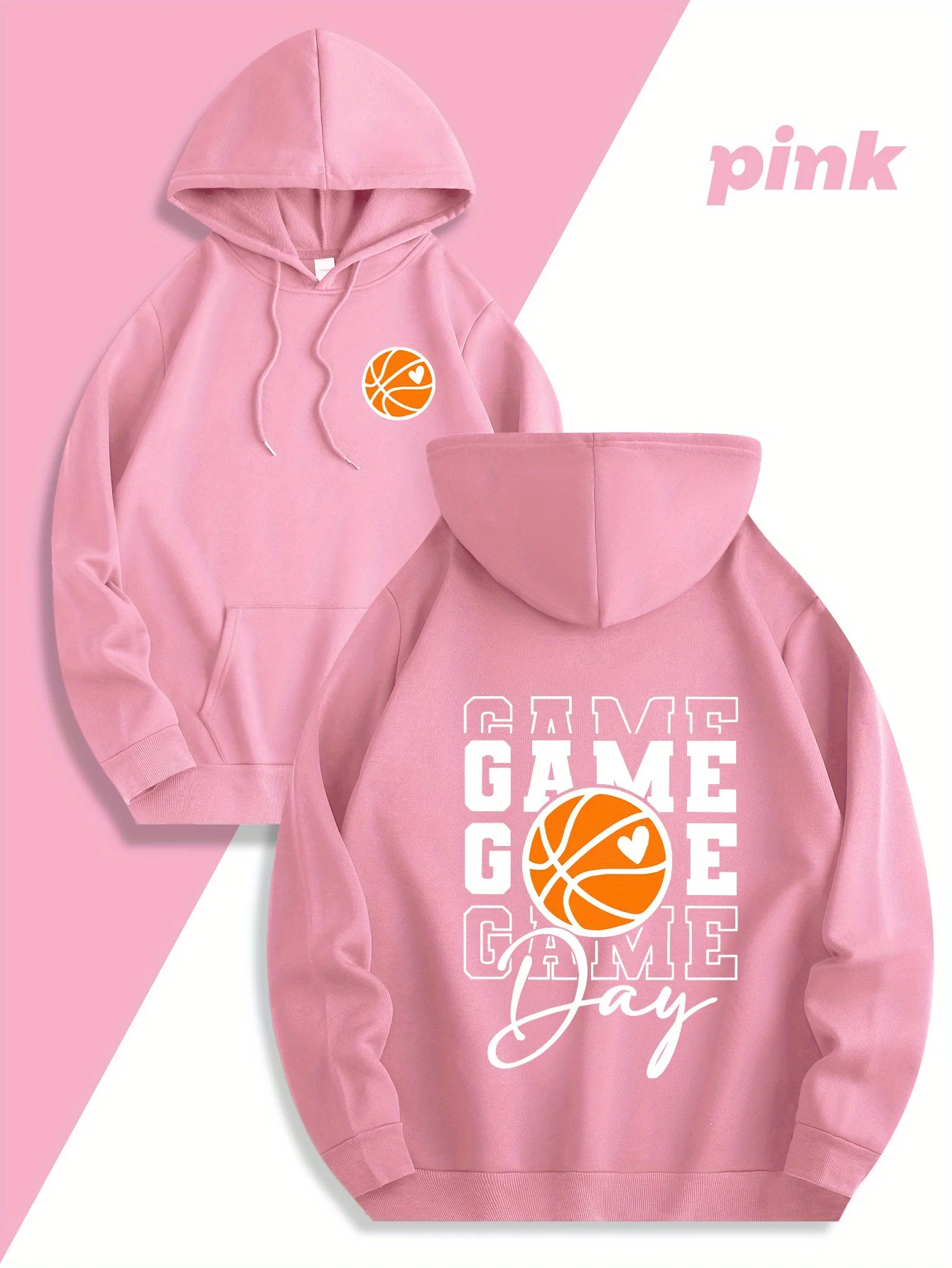 Basketball sport men's hooded sweatshirt with heart print on front and back. Outdoor exercise and casual hoodie with pocket.