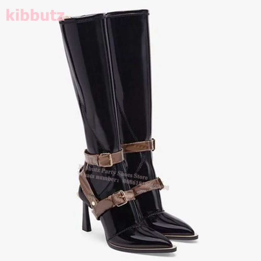 Buty rycerskie do kolan Retro Solid Brown Belt Buckle Genuine Leather Pointed Toe Spike Heel Back Zipper Fashion Luxury Shoes New