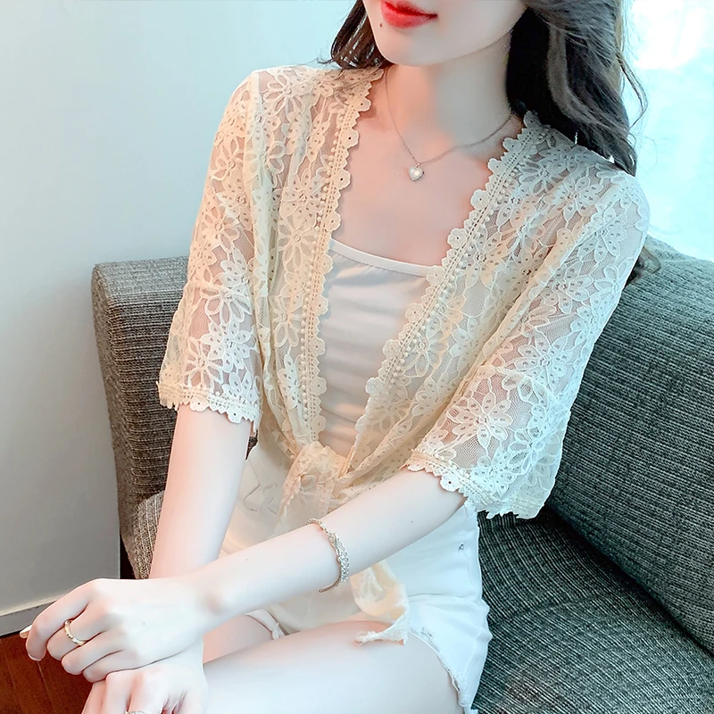 #3511 Black White Beige Wrap Lace Kimono Jacket Women Thin Lace Sunscreen Coat Ladies Half Sleeve Cardigan Outerwear See Through
