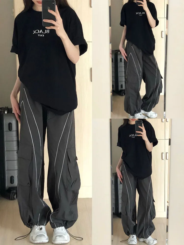 กางเกงทำงานทรงหลวมสไตล์อเมริกันย้อนยุค ลายทาง แห้งเร็ว สำหรับผู้หญิง ฤดูใบไม้ผลิ ฤดูใบไม้ร่วง รุ่นใหม่ ไซส์ใหญ่ ทรงขากว้าง สบายๆ