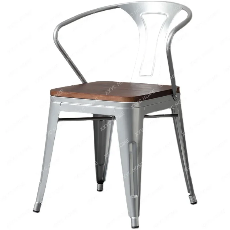 Iron Solid Wood Bar Chair Theme Restaurant Milk Tea Coffee Shop Metal Armrest Dining Chair