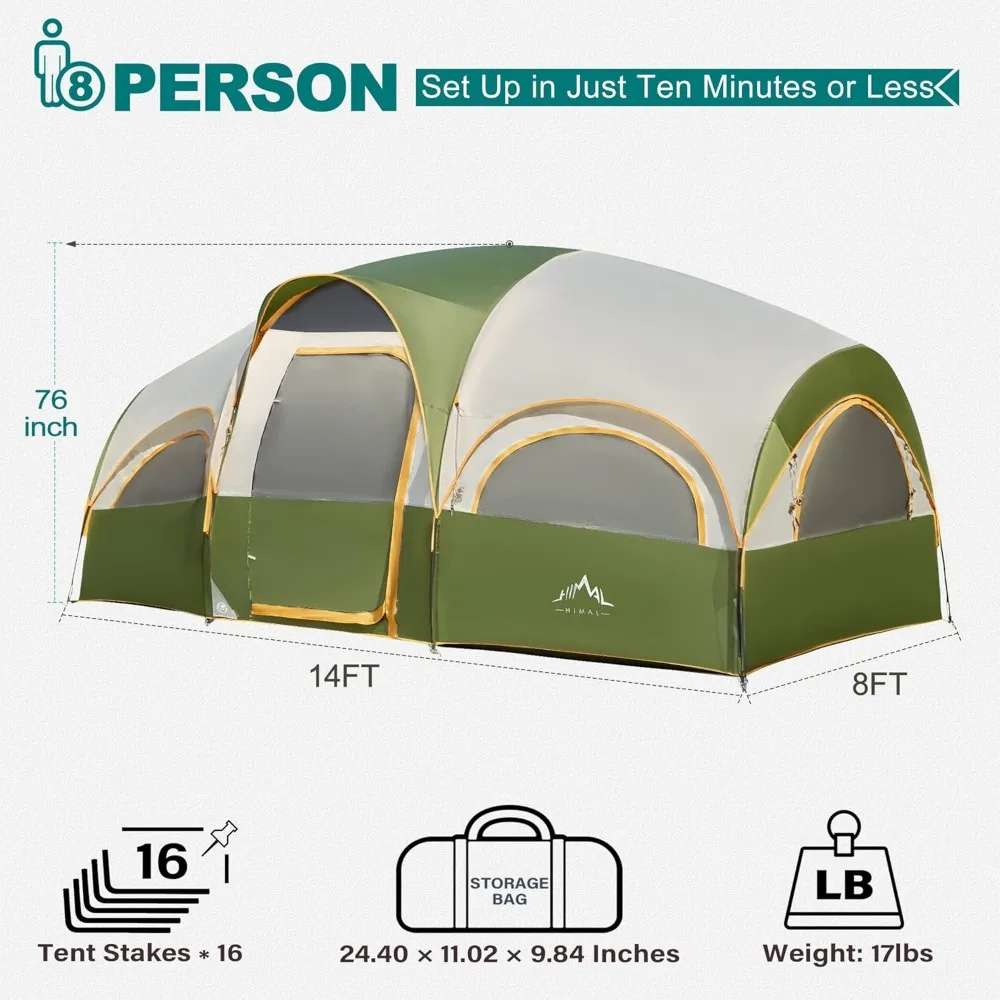 8 Person Tent for Camping, Waterproof Windproof Family Tent with Rainfly, Divided Curtain Design for Privacy Space