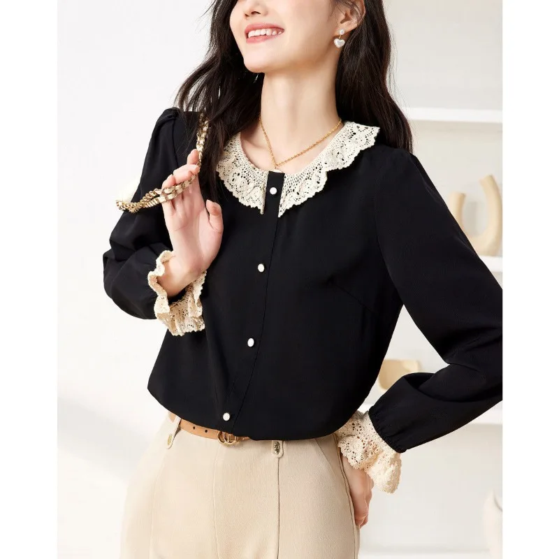 Women's Spring and Autumn Pullover Long Sleeve Solid Lace Shirt Slim Fit Versatile Casual Comfortable Fashion Commuter Tops