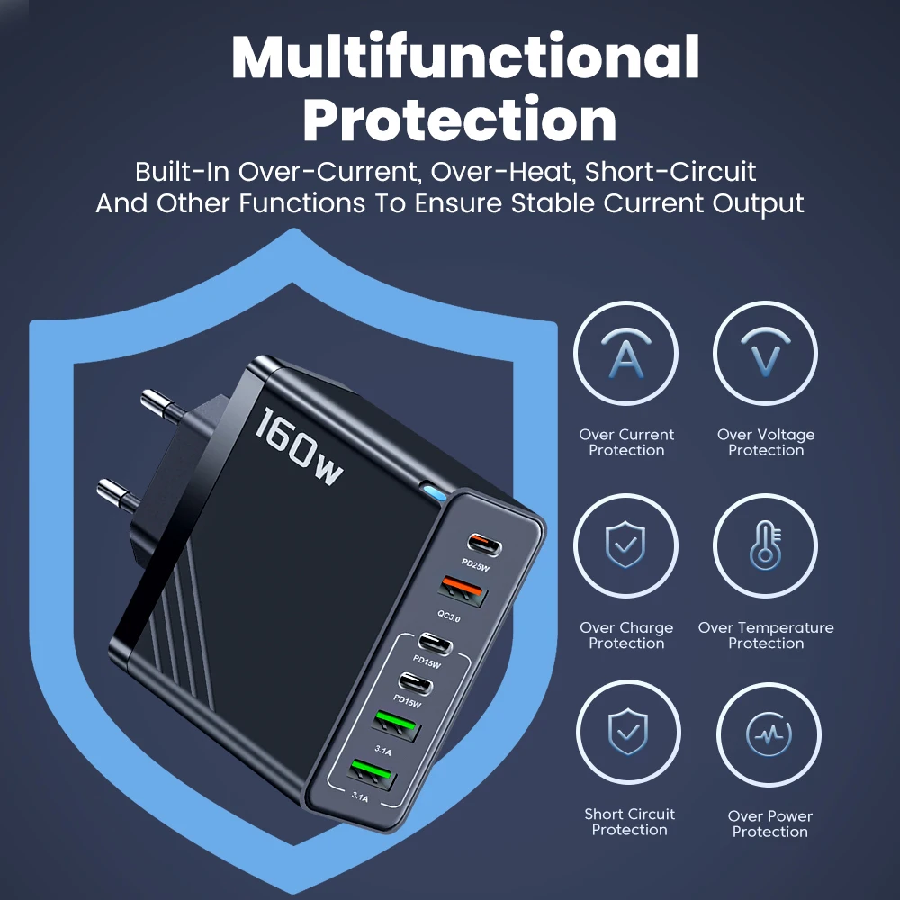 Elough 160w 3 Type C + 3 USB 6 Ports Charge rapide chargeur de téléphone portable QC 3.0 Super adaptateur de Charge pour POCO Oneplus Samsung Huawei