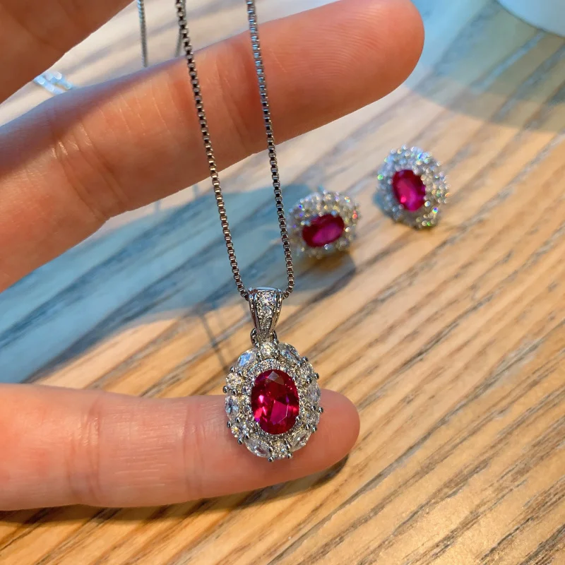 Jewelry Pigeon Blood Ruby Necklace European and American Exaggerated Colorful Gemstone S925 Silver Needle Earrings Banquet Jewel