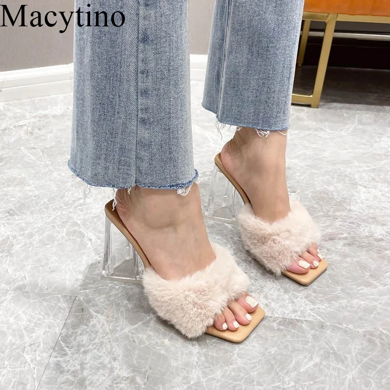 

Wool Slippers For Women Wearing Fashionable Open Toe Crystal Triangle Heel Sandals