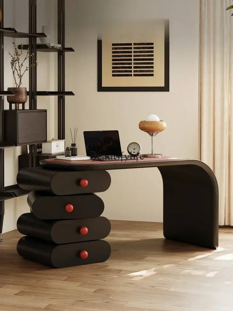 

05-*Italian minimalist retractable solid wood desk rotating leather simple home