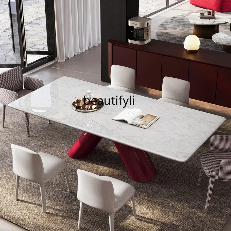 

V Marble dining table rectangular light luxur high sense new α coefficient natural luxur stone dining table