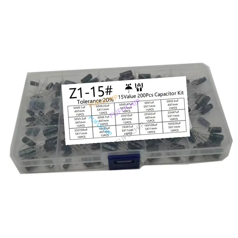 Juego de condensadores radiales, Kit surtido de 15 valores, 10V, 16V, 25V, 50V, 200 uF-0,1 uF, 220uf, 0,22 uf