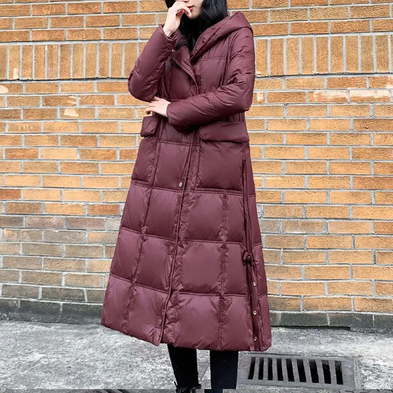 Chaqueta de plumón larga con capucha para mujer, chaqueta de plumón de gran tamaño, invierno 2025