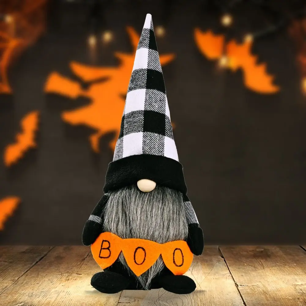 Poupées nains elfes à longue barbe pour Halloween, chauve-souris, chapeau orange Boo, poupées naines en pain d'épice, décorations de gnomes d'Halloween faites à la main à carreaux