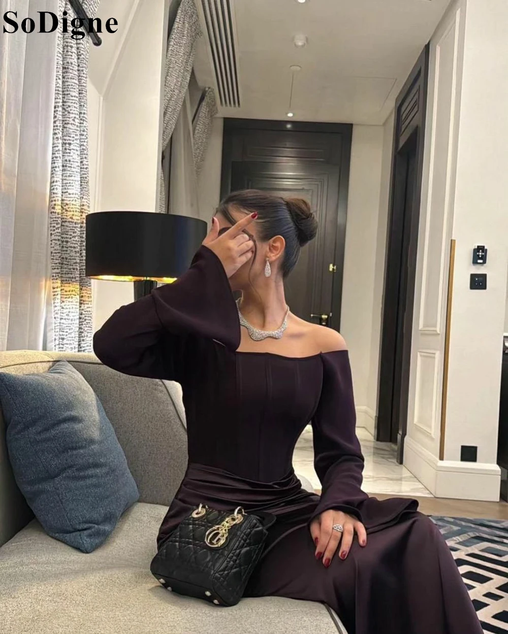 SoDigne Dark Purple Satin Evening Dresses Off Shoulder Draped Long Sleeves Ankle Length Party Dress 2024 Prom Gowns Customized