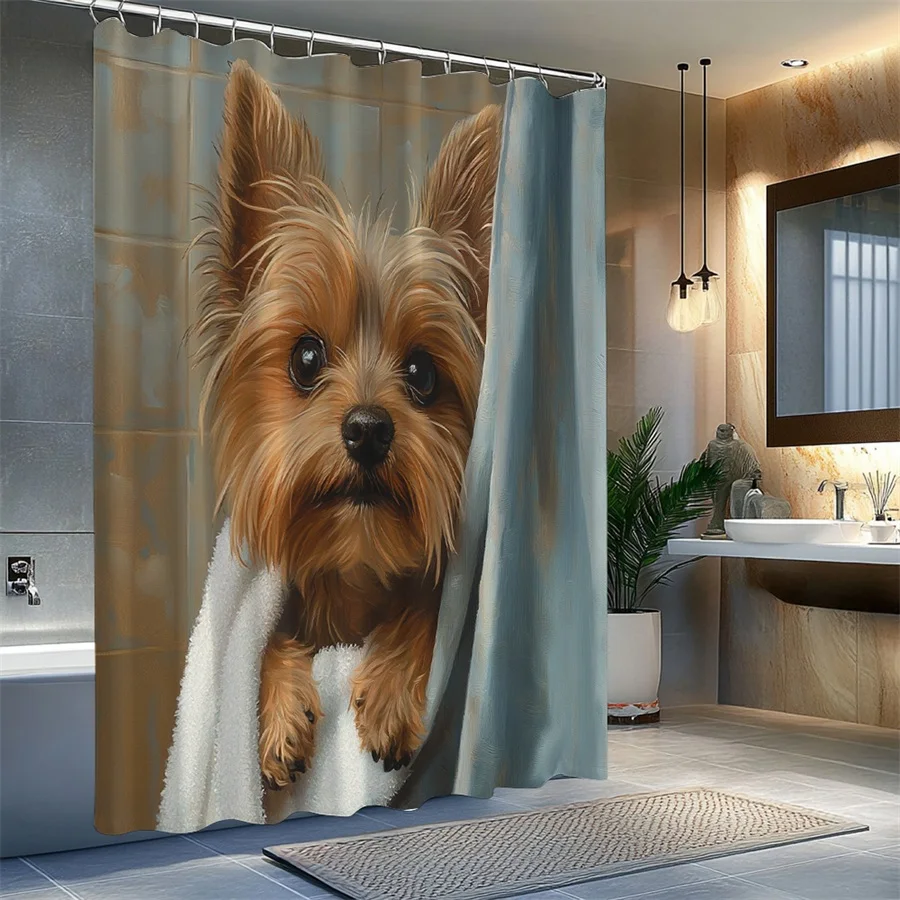 1pc Yorkshire Terrier Puppy Shower Curtain - Hyper Realistic Design, White Towel Wrapped Dog, Blue Bathrobe Background, Cozy Bat