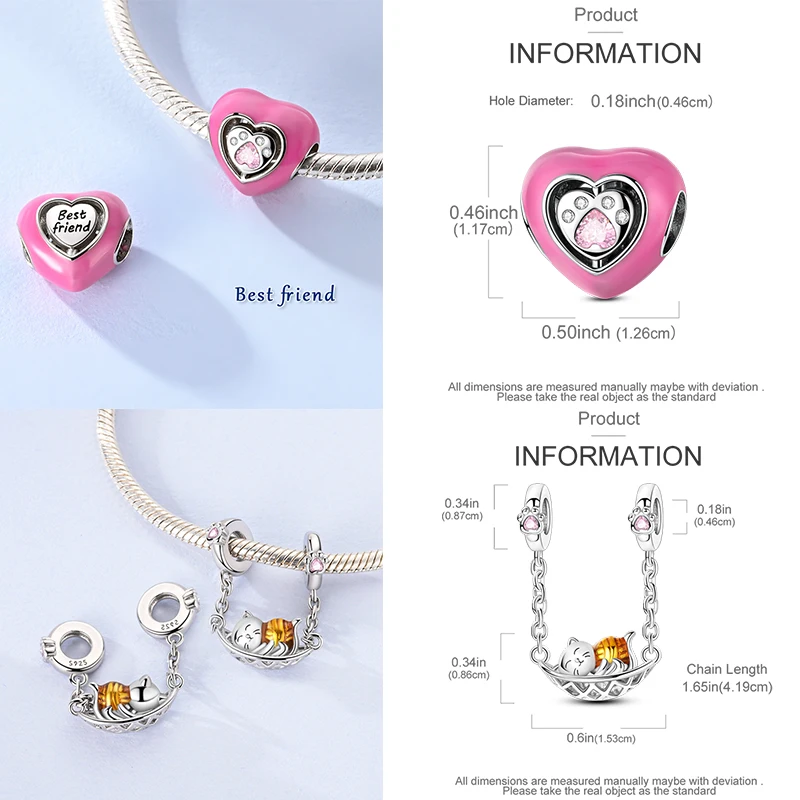 925 Sterling Silber Hund Katze Pfotenabdruck Charm Perlen Glücksbringer Katze Haustierliebhaber Herz DIY Armband Halskette Geschenk für Frauen Mädchen – Detail 15