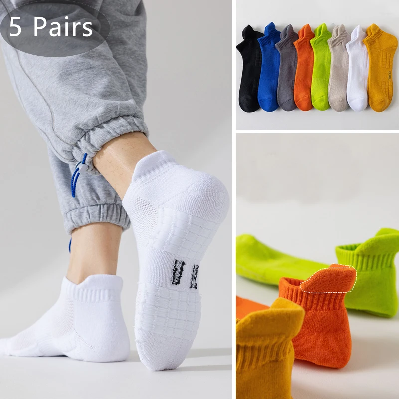 5 Pairs Man Ankle Crew Terry Socks Cotton Bright Color Sweat-Absorbing Mesh Towel Bottom Boat No Show Sport Socks Invisible