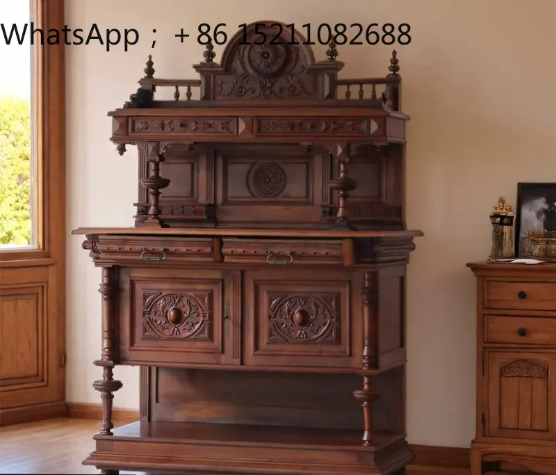 LLY retro solid wood dining side cabinet neoclassical old living room wall locker light luxury antique display cabinet