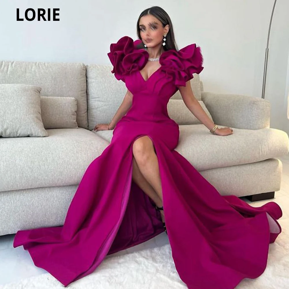 

LORIE Elegant Satin Prom Dresses Fushsia V-neck Mermaid Evening Gowns Sexy Leg Slit Party Dress Vestidos De Ocasión Formales