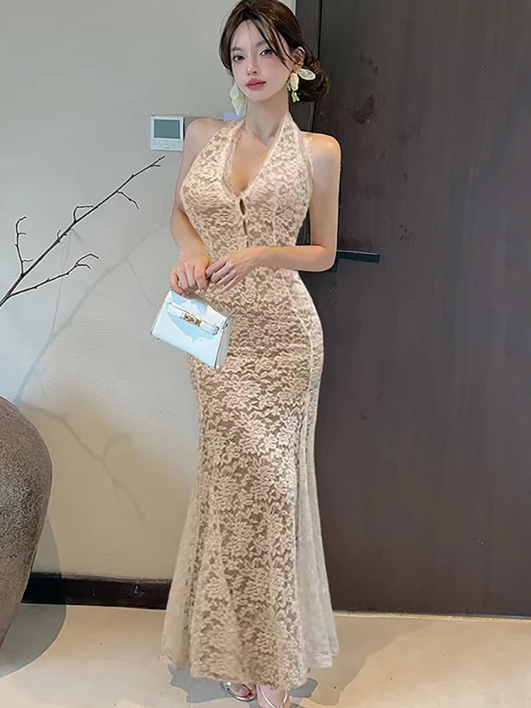 Sommer Schwarz Spitze Jacquard Diamanten Neck-montiert Sexy Lange Kleid Frauen Vintage Luxus Abendkleid 2025, Koreanische Bodycon Vestidos