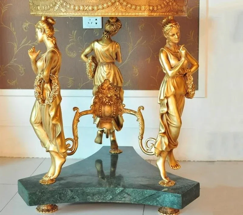 French European retro luxury villa living room entrance malachite countertop full copper table