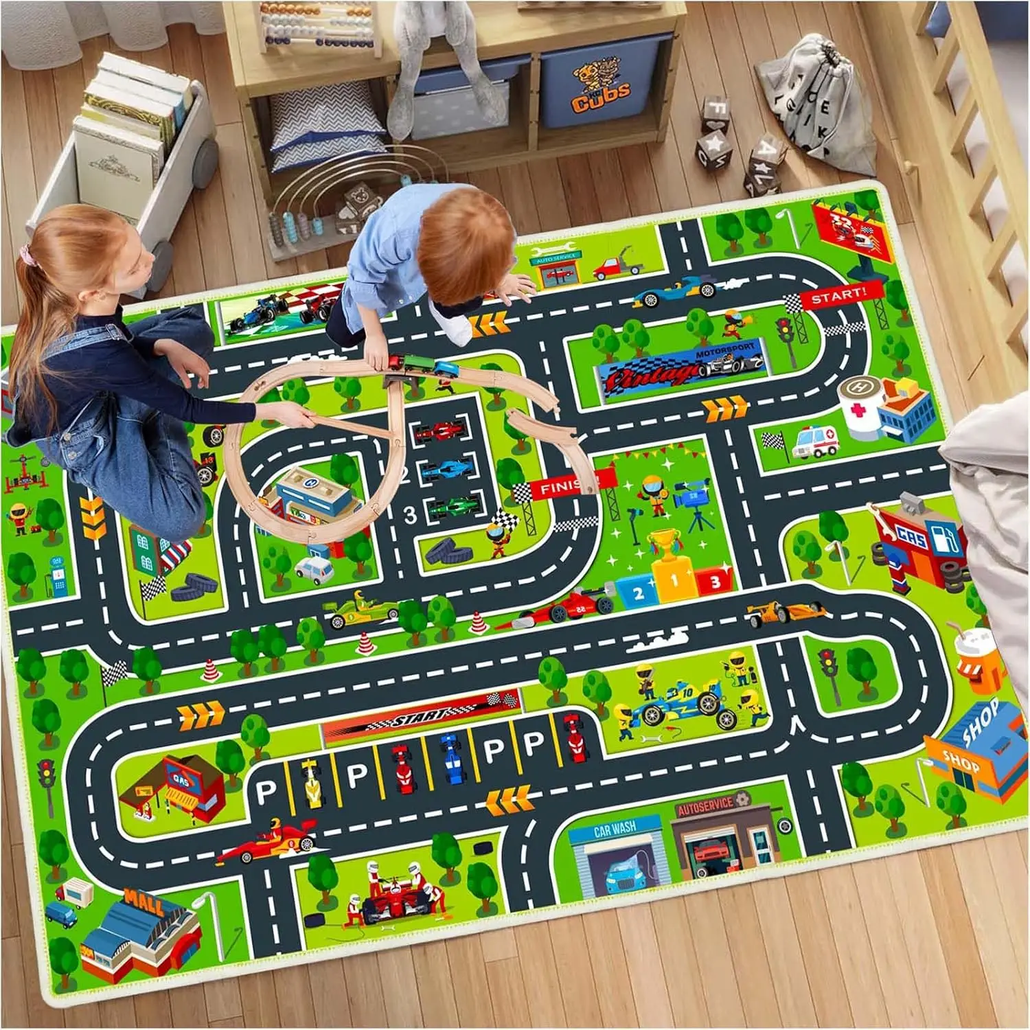 Car Play Mat for Boys and Girls Highway City Traffic-Themed Rugs for Kids Toy Cars Kids Rugs for Playroom Non-Slip Kids Play Rug