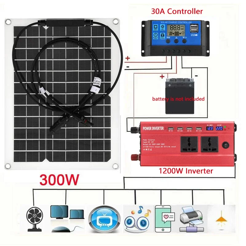 

Solar Power System 300W Solar Panel 1200W Modified Sine Wave Inverter 12V to 220V 30A Charge Controller Solar Generator for Home