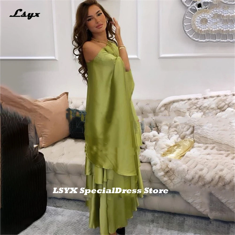 LSYX Customized Romantic Matcha Prom Dress Sexy A-line Evening Dresses Grace Silk Chiffon فستان سهرة Elegant Cape Party Dress