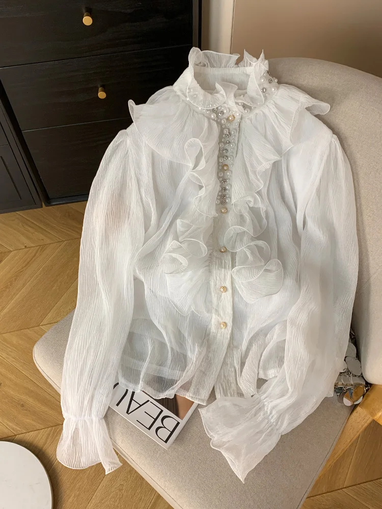 

2025 Pearls Design Women Blouse Ruffles Long Sleeve Stand Collar Court Single Breasted Autumn Senior Luxury Sheer Chic Tops