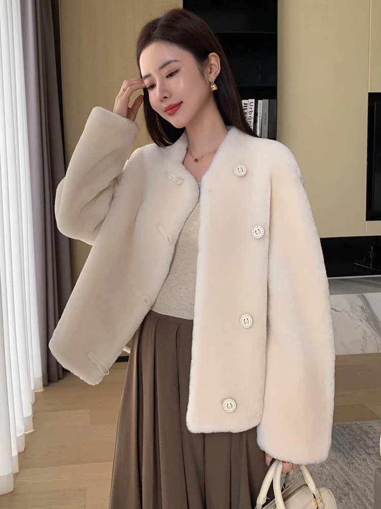 الراقية الفاخرة ميرينو الأغنام الفراء فروي الستر للنساء 2025 جديد بسيط الوقوف طوق قصيرة الشتاء جلد طبيعي معطف الفرو الحقيقي