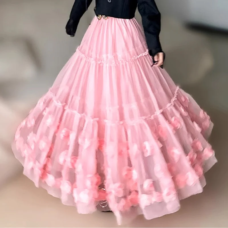 2024 Korean fashion Elegant Girl Pink 3D Flower Pleated Mesh Princess Skirt Skirt Womens Pink chic and elegant woman Long skirt